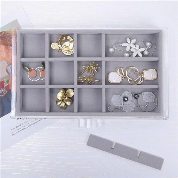 Earring Jewelry Organizer Acrylic Box 5 Drawers Velvet Display Holder Gray Women - Picture 2 of 7